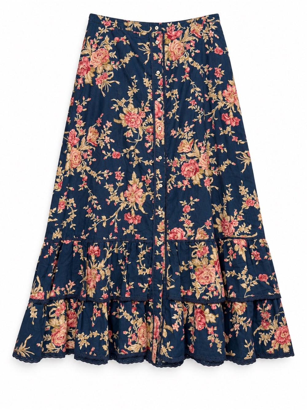 Lauren Ralph Lauren Navy Floral Button Front Tiered Maxi Skirt Size 8